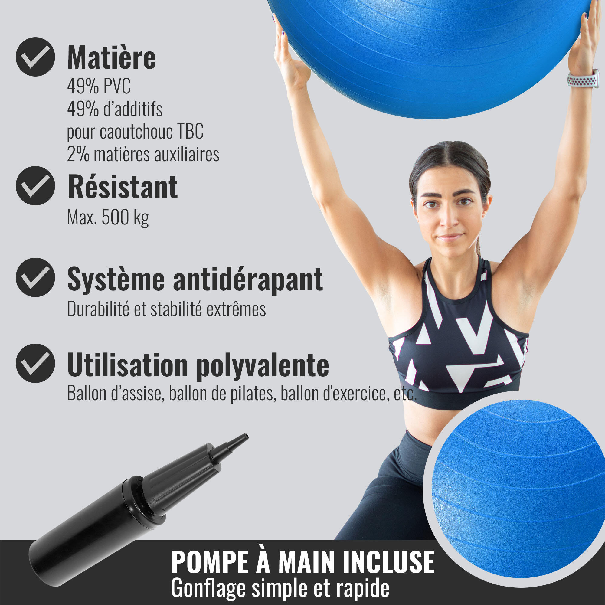 Fitball Pelota Pilates Resistente Gorilla Sports Azul Talla M -65 cm 3/7