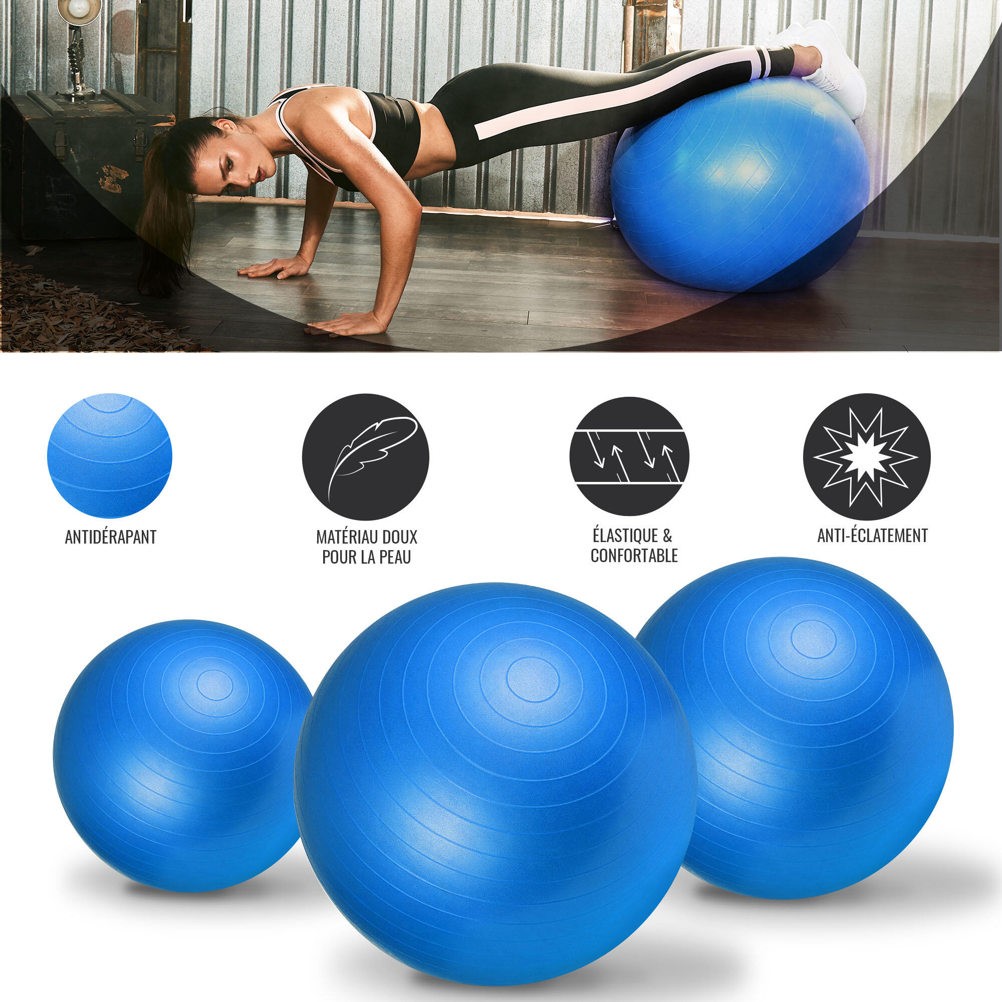 Fitball Pelota Pilates Resistente Gorilla Sports Azul Talla M -65 cm 2/7