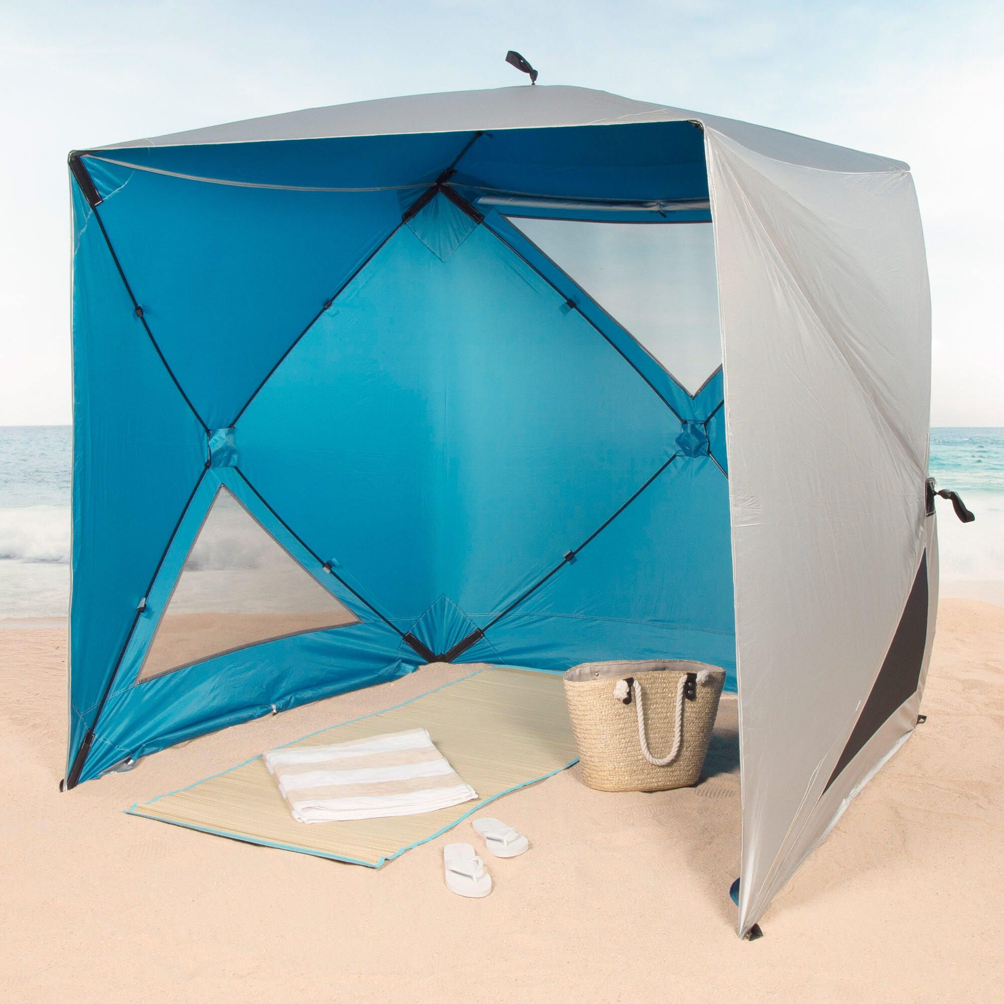 Paravientos playa plegable pop up de 165x165x183 cm protección UV50 azul y gris 3/7