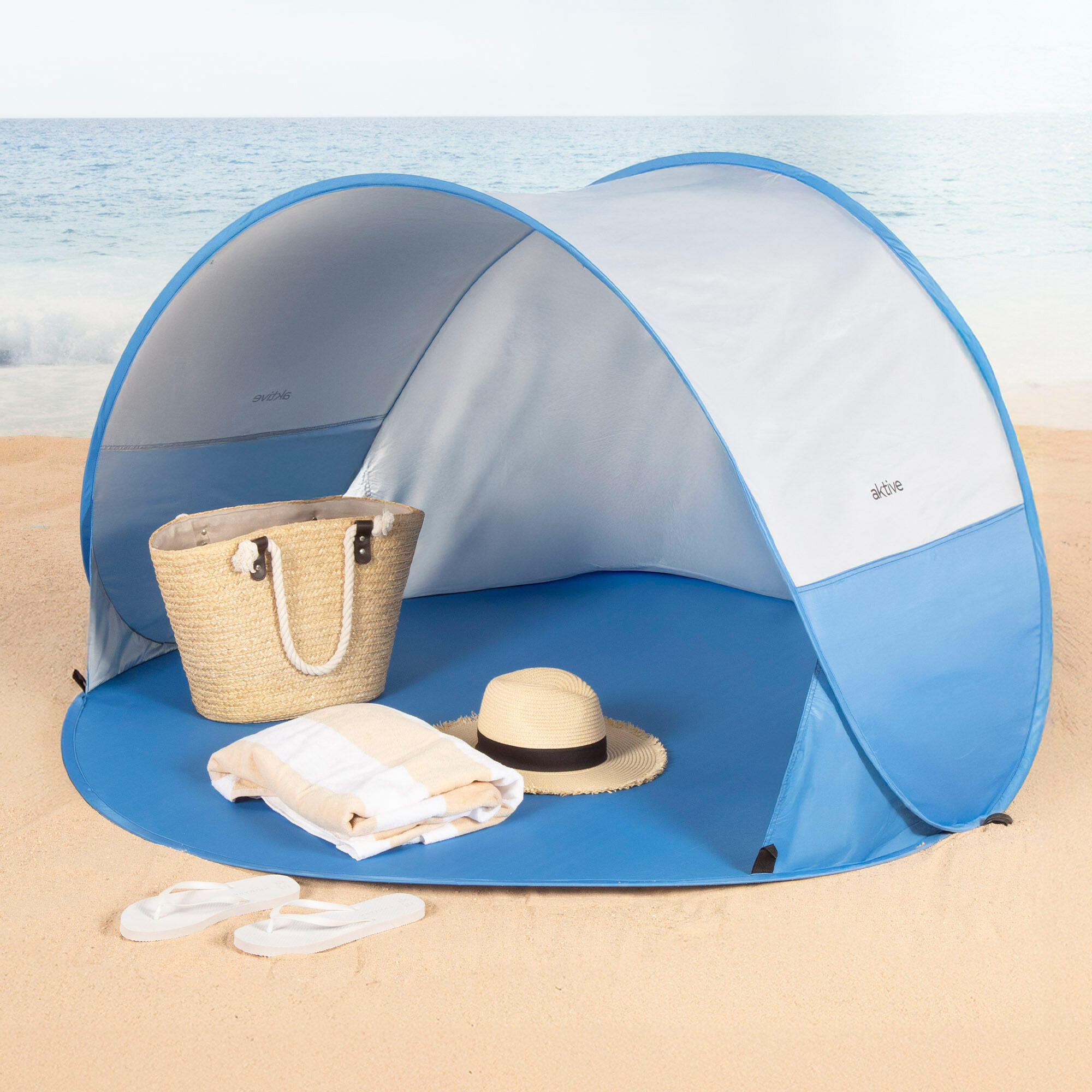 Paravientos playa plegable pop up de 148x148x90 cm protección UV50 azul 2/7