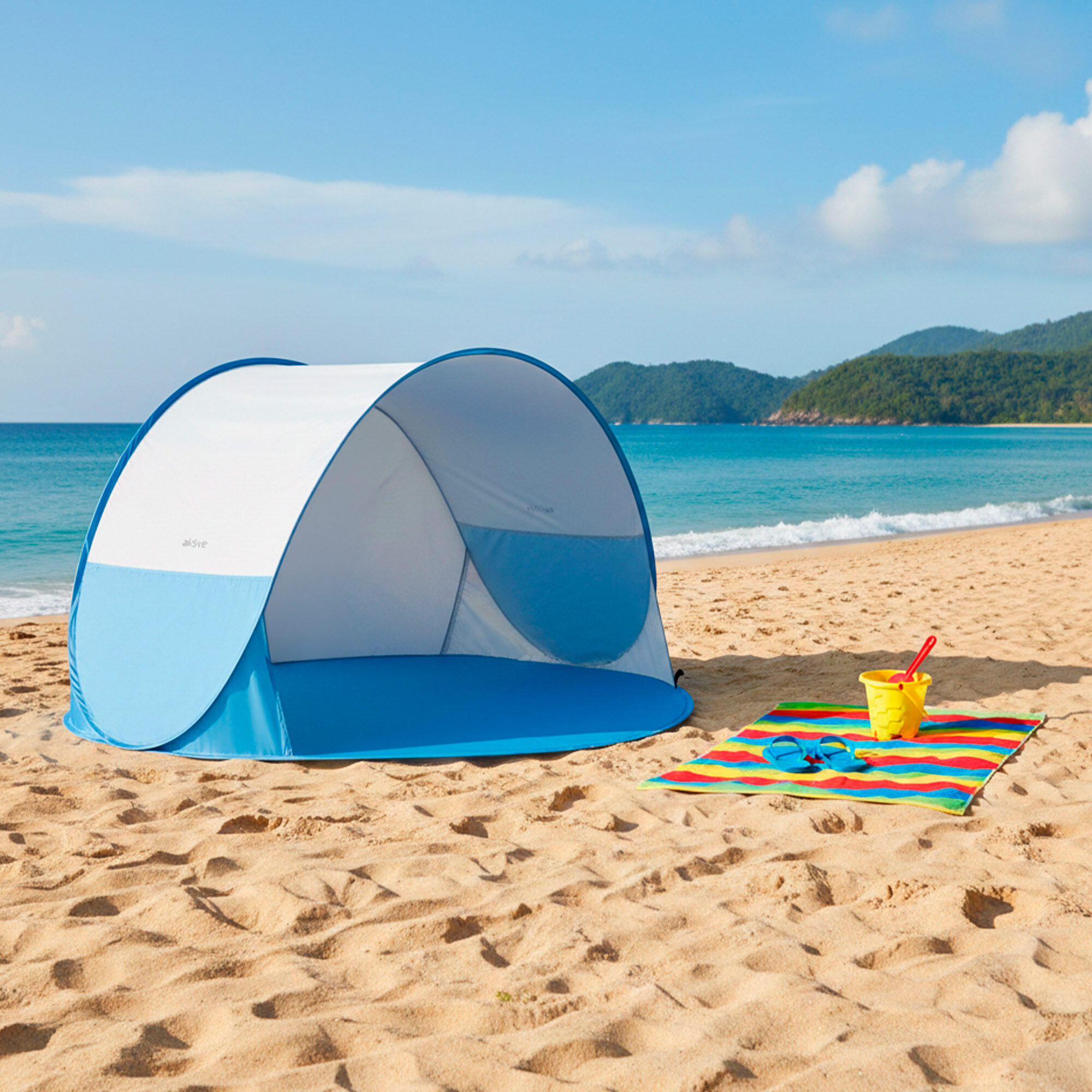 Paravientos playa plegable pop up de 148x148x90 cm protección UV50 azul 7/7