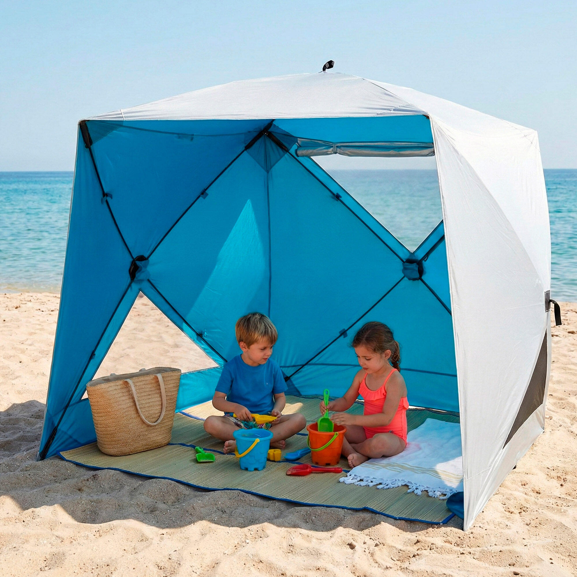 Paravientos playa plegable pop up de 165x165x183 cm protección UV50 azul y gris 7/7