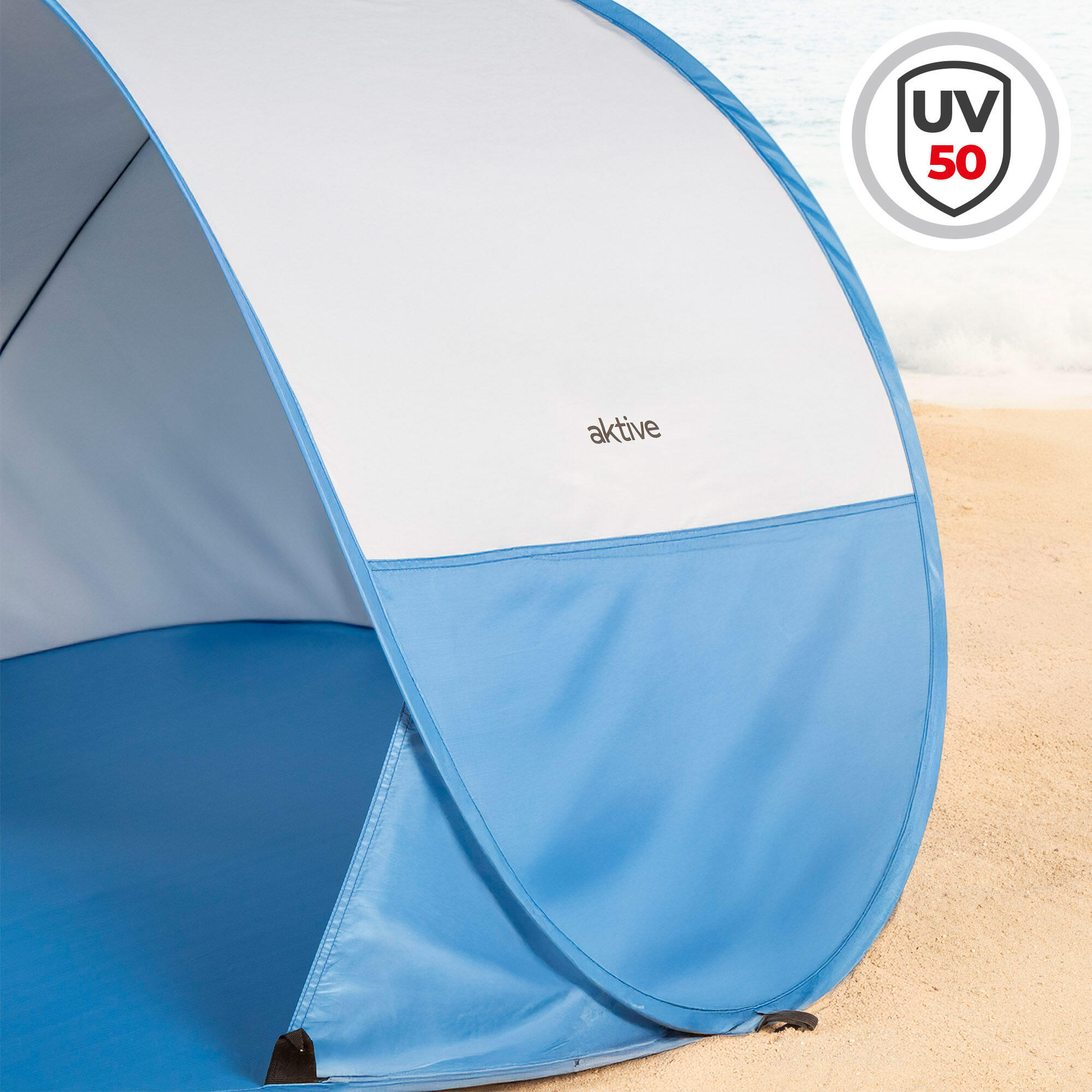 Paravientos playa plegable pop up de 148x148x90 cm protección UV50 azul 5/7