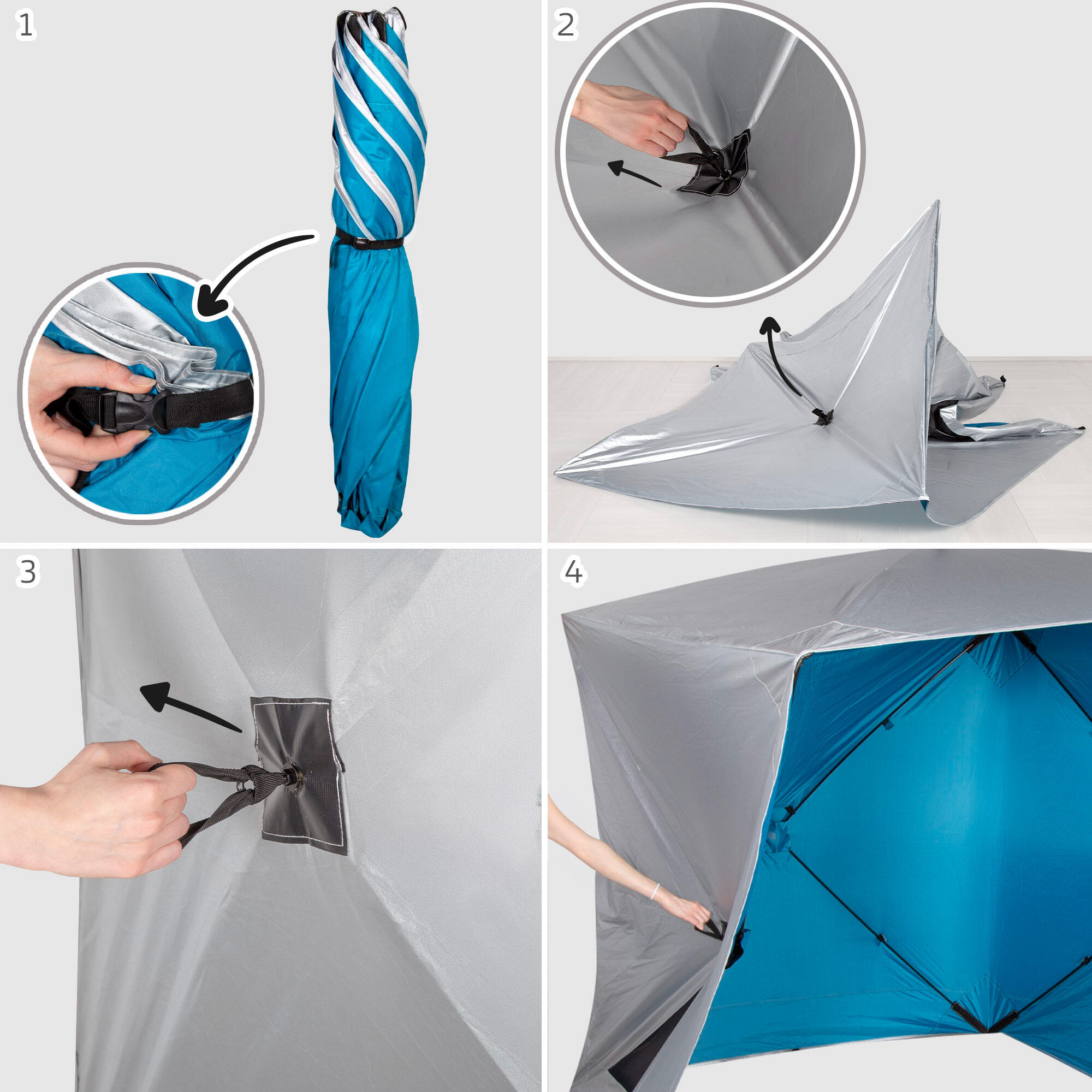 Paravientos playa plegable pop up de 165x165x183 cm protección UV50 azul y gris 5/7