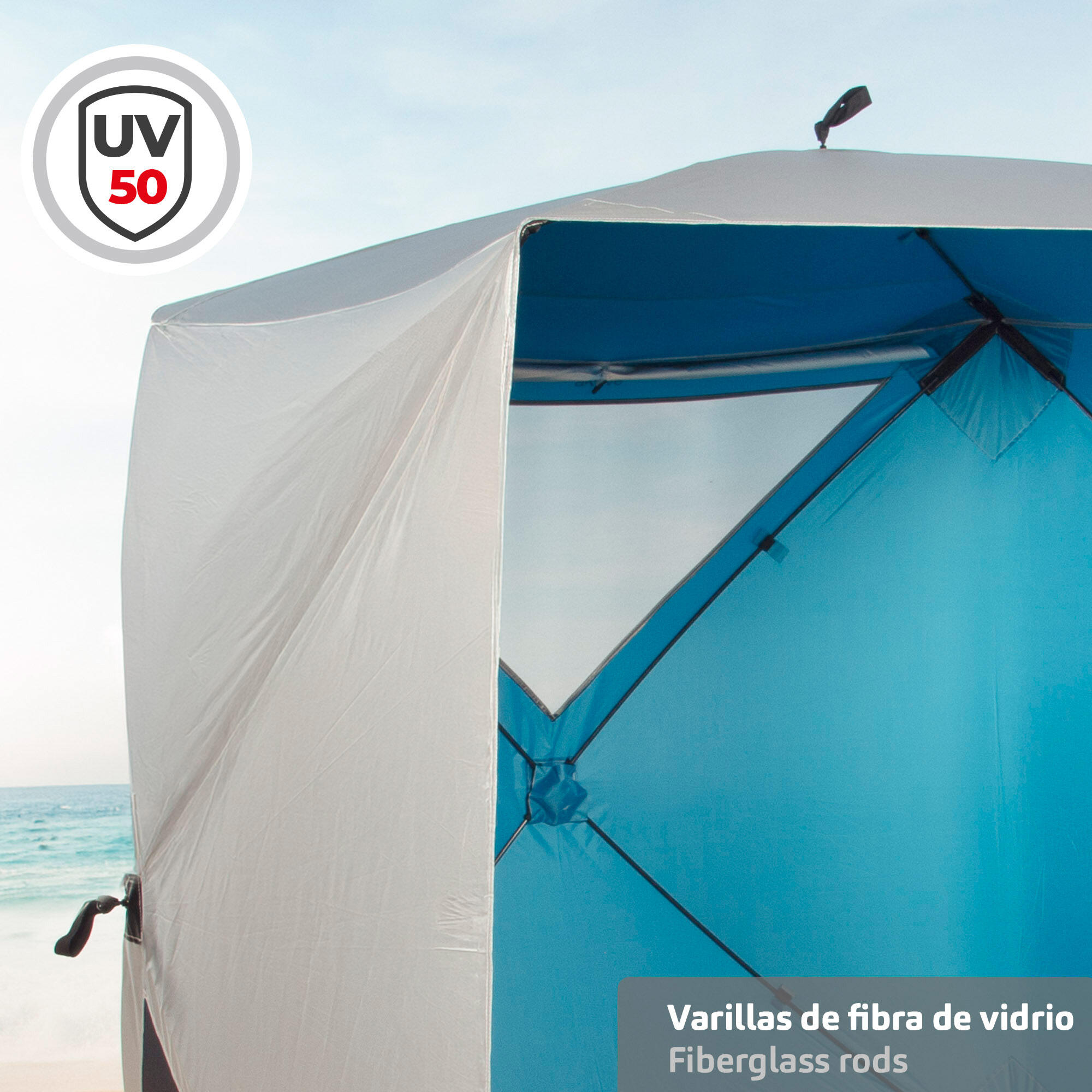 Paravientos playa plegable pop up de 165x165x183 cm protección UV50 azul y gris 6/7
