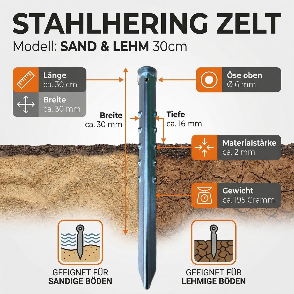 Heringe  4 Pack 30 cm Stahl für Sand und Schnee Zeltheringe Camping Zelt 3/4