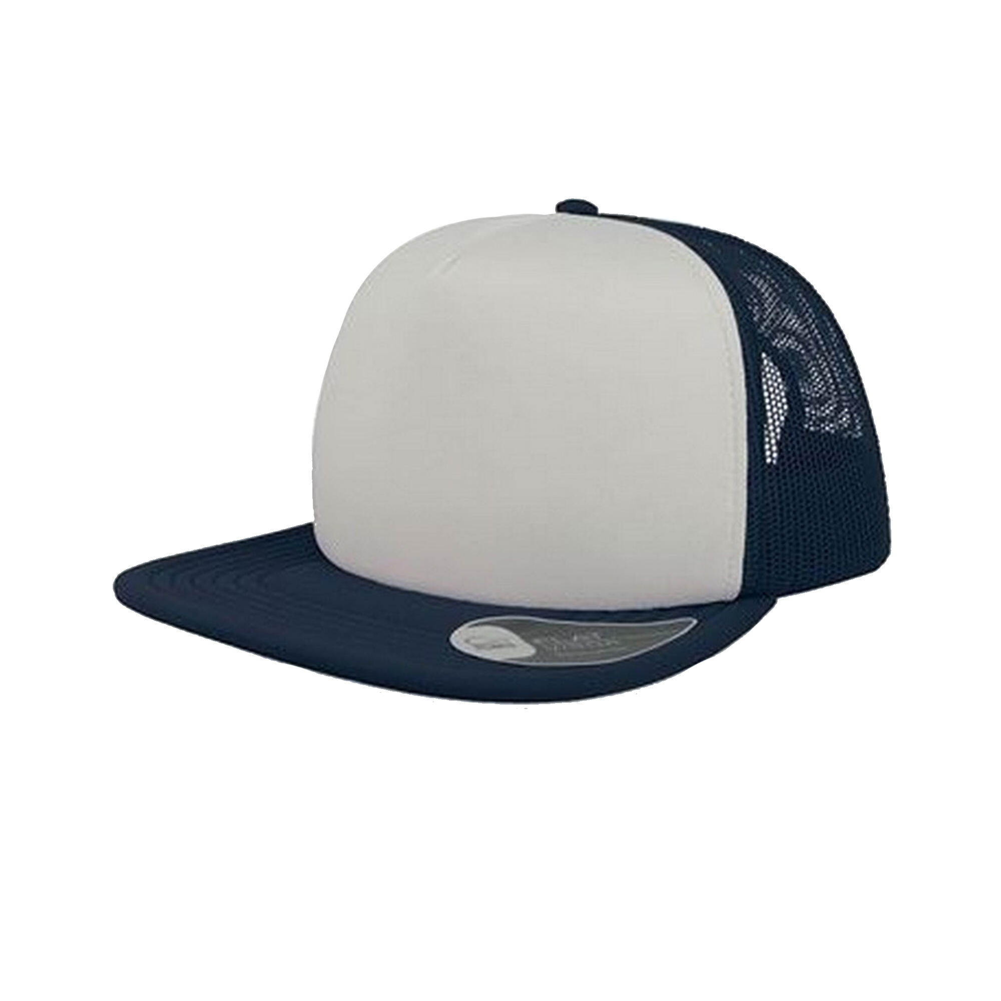 Unisex Snap 90s Flat Visor 5 Panel Trucker Cap (White/Navy) 1/3