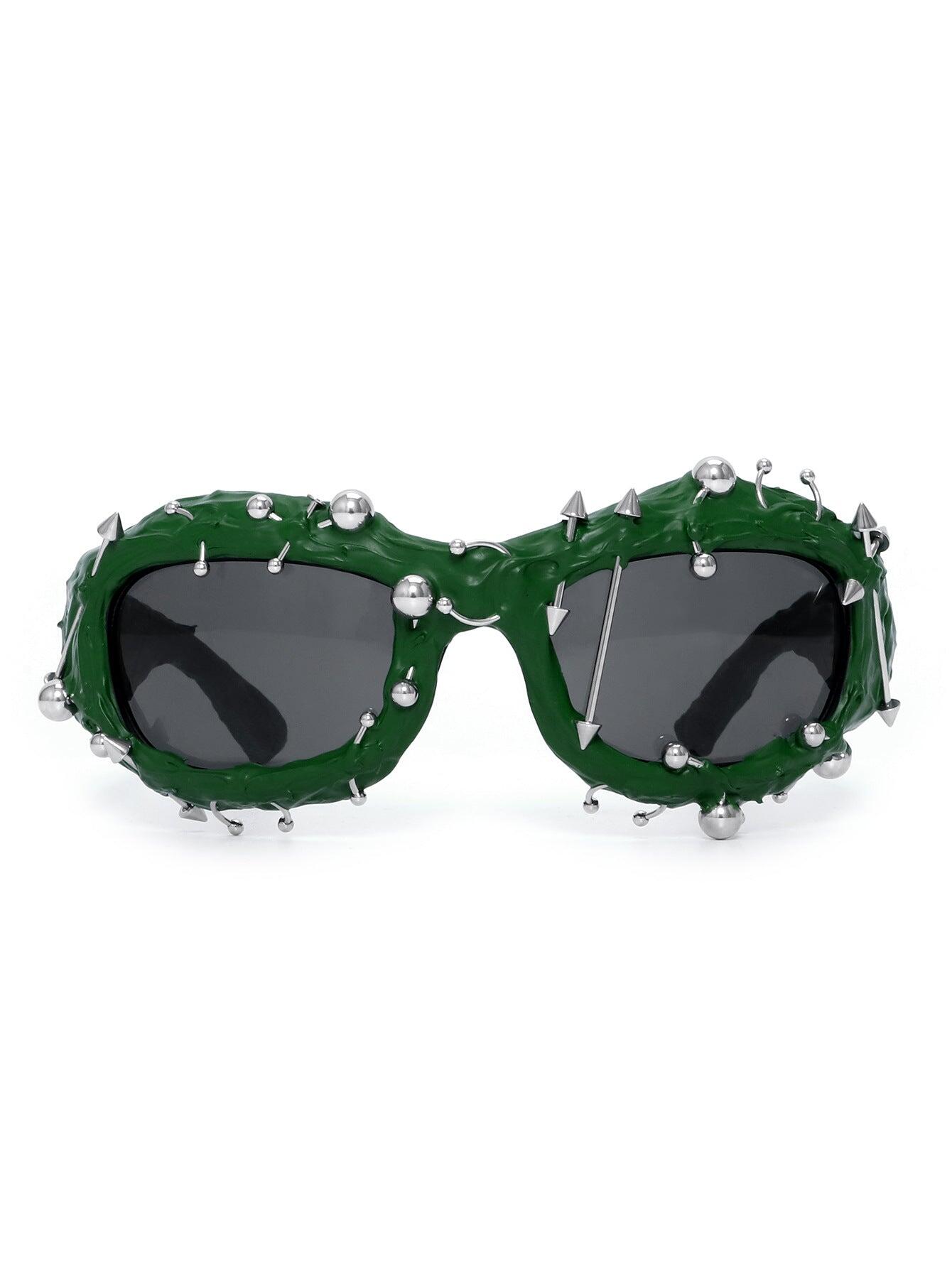 Green Edgy Punk Rock Spiked Sunglasses