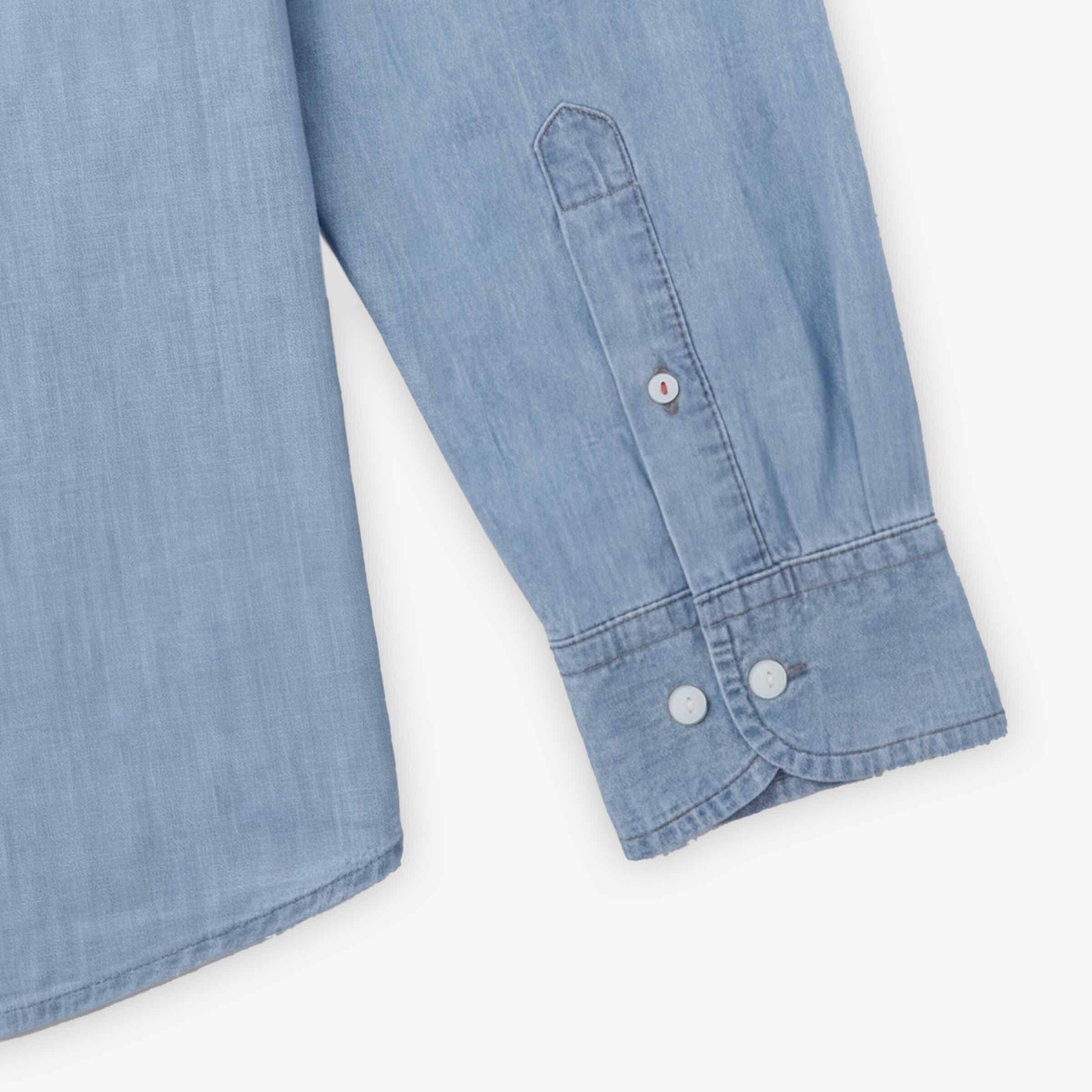 Camicia a maniche lunghe ricamata in cotone chambray con bordino tricolore 4/4