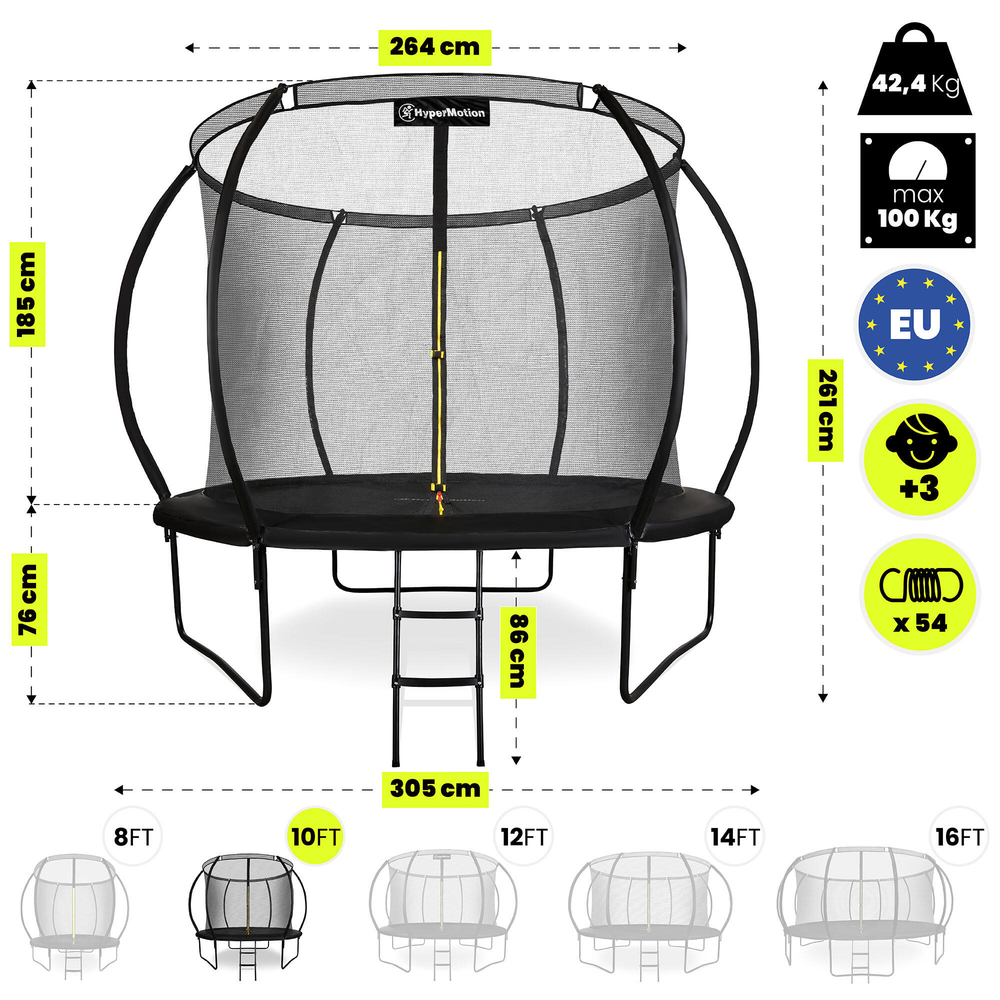 Trampoline jardin 305cm 10FT 3 Pieds 54 Ressorts Filet Échelle Max 100kg EN71 5/5