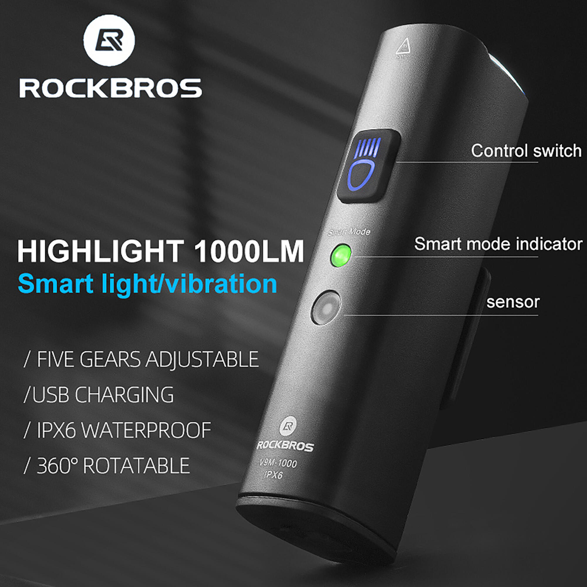 Lampka rowerowa przednia Rockbros V9M-1000 black 3/7