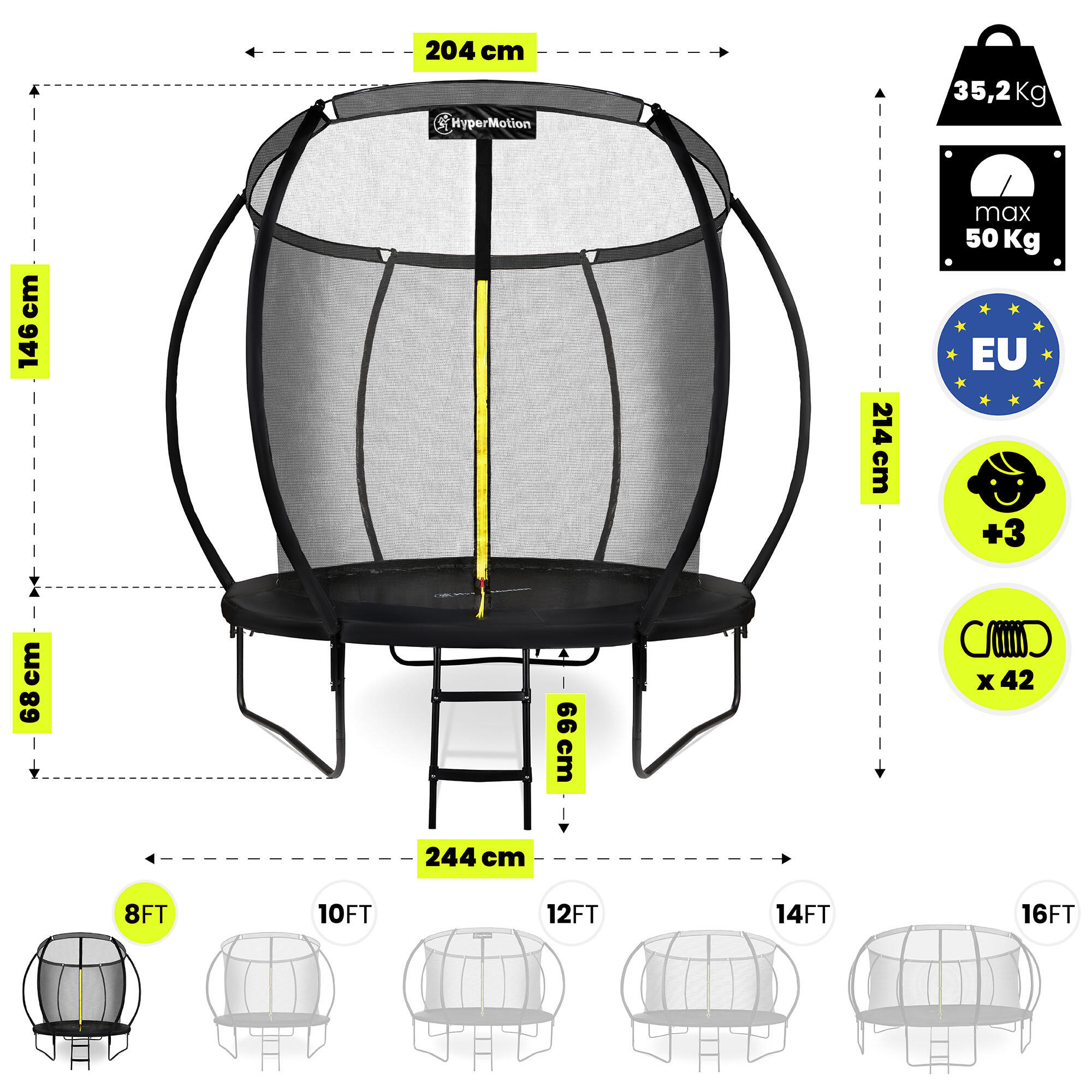 Kindertrampoline 244cm Tuin Net Ladder 3 Poten UV-bestendig Max 50kg EN71-14 5/5