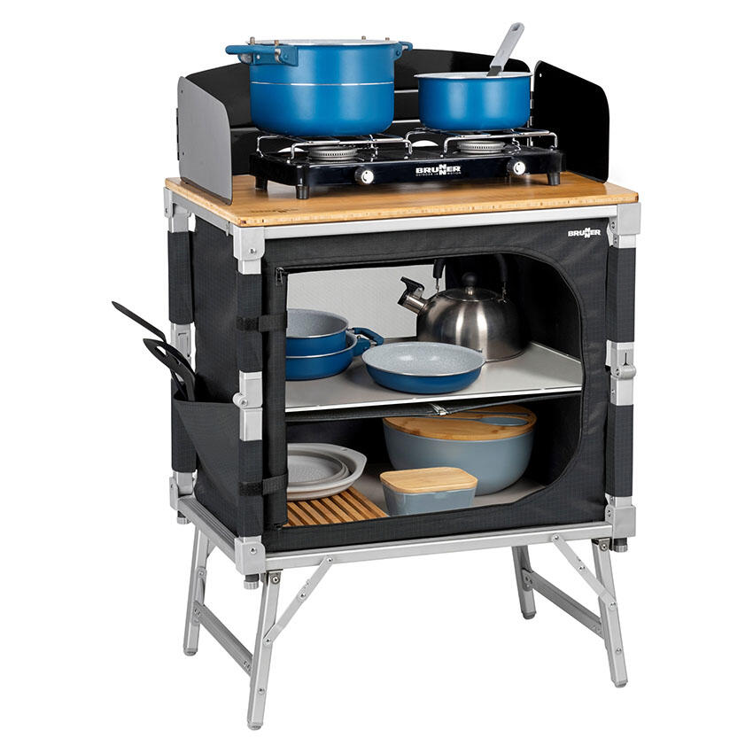 Cocina de camping Azabache Cubo Armario plegable Parrilla Mesa Madera bambú 3/7