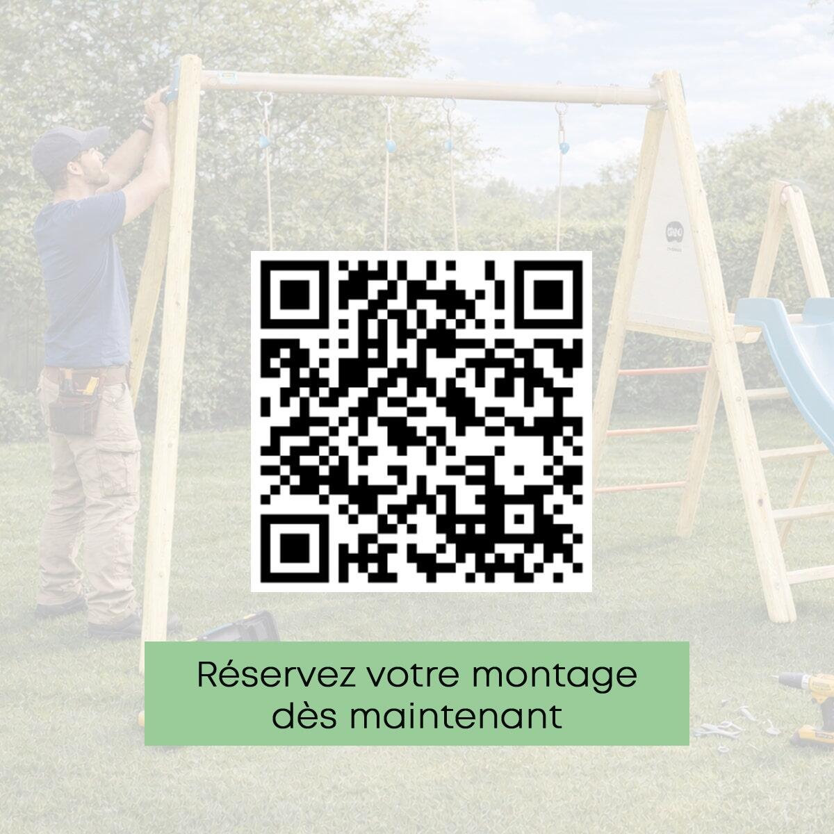 Portique bois avec 2 balançoires + 1 plateforme avec toboggan + 1 siège face à 5/7