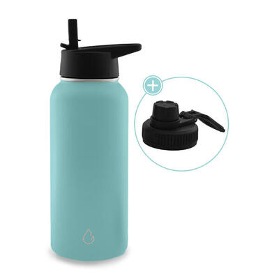 Pro waterfles rvs lichtblauw 1 liter - dop met rietje en sportdop