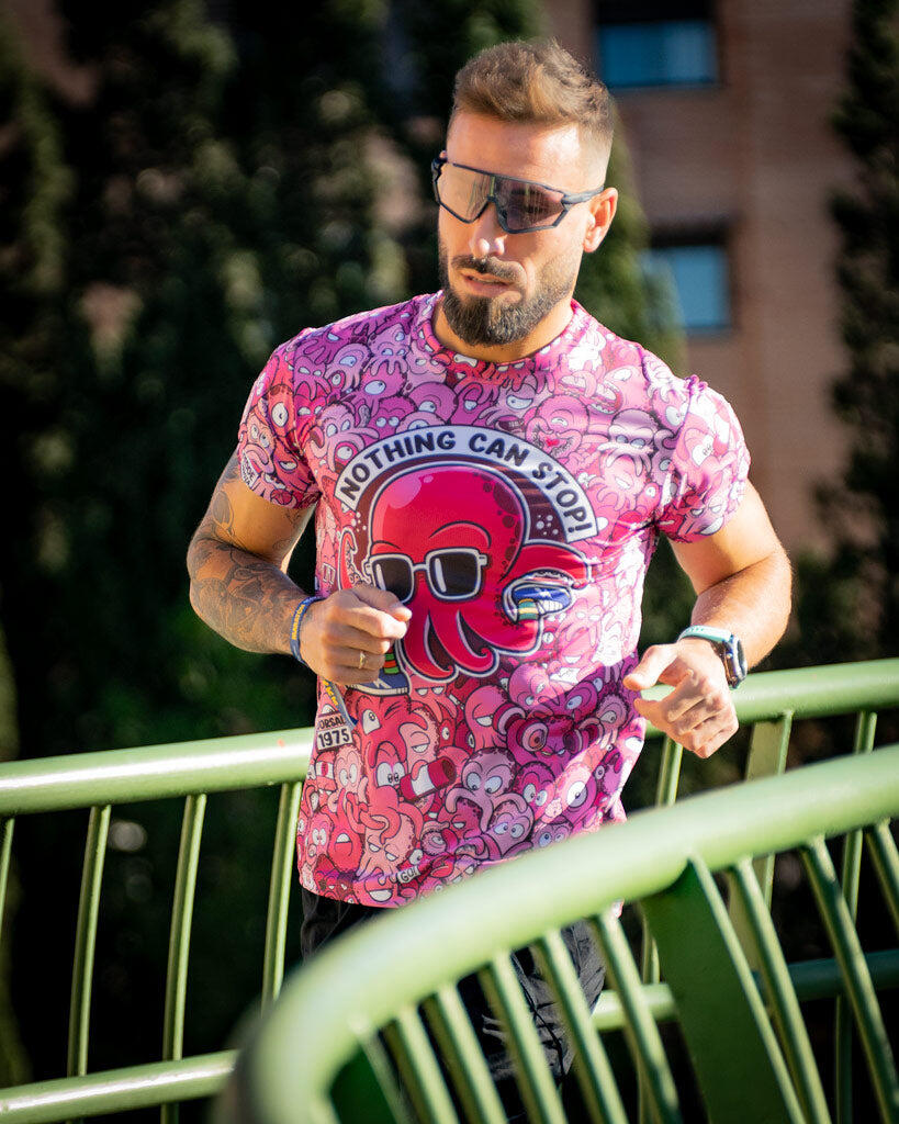 CAMISETA #PULPO RUN ADULTO - ELÁSTICA (ROSA) - HOMBRE 3/4
