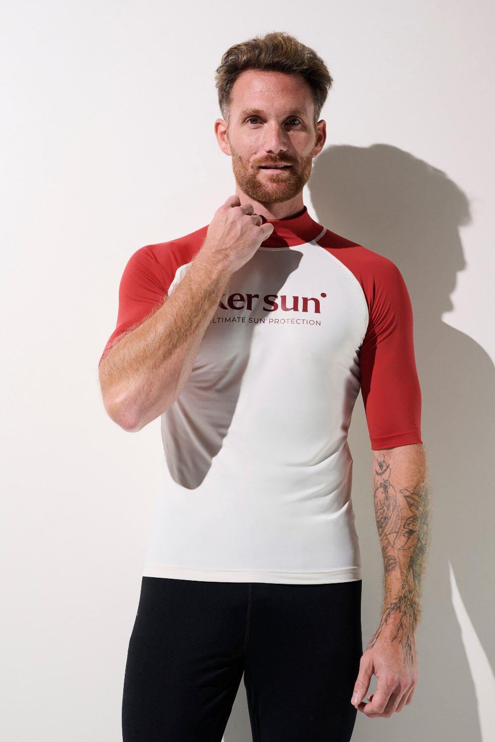 T-shirt de bain anti-UV Homme Blanc/Rouge Manches Courtes, Malibu, UPF 50+ 3/7