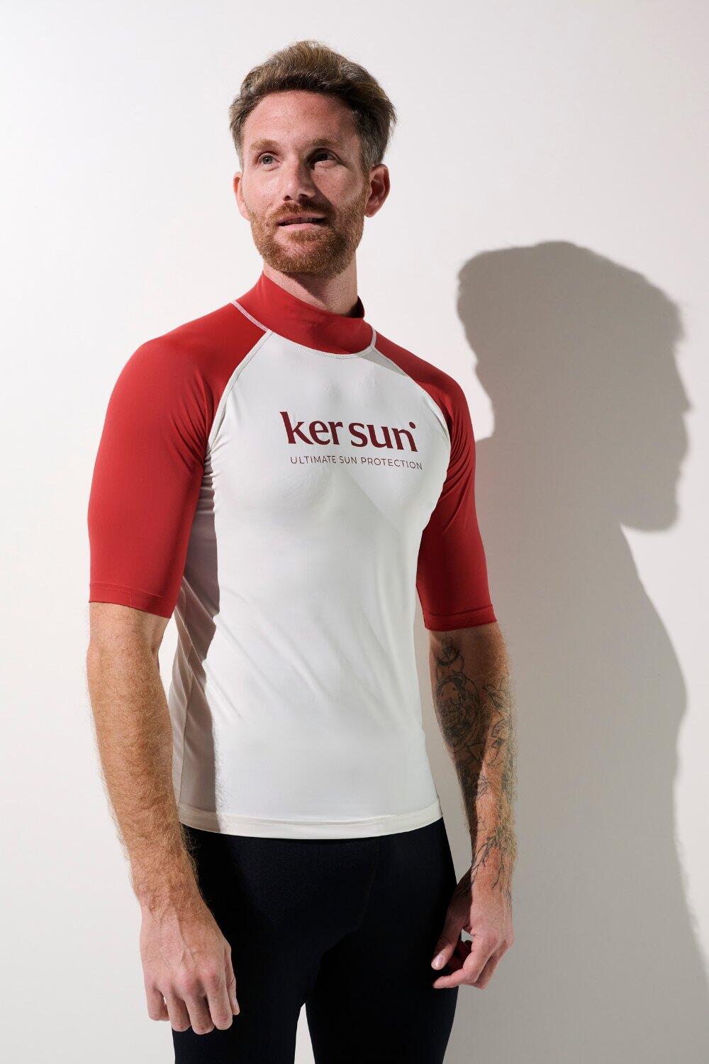T-shirt de bain anti-UV Homme Blanc/Rouge Manches Courtes, Malibu, UPF 50+ 2/7