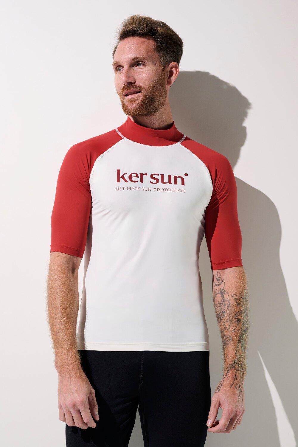 T-shirt de bain anti-UV Homme Blanc/Rouge Manches Courtes, Malibu, UPF 50+ 1/7