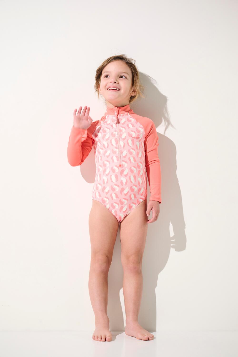 Maillot de bain 1 pièce manches longues anti-UV Fille, Rose, Flores 3/5