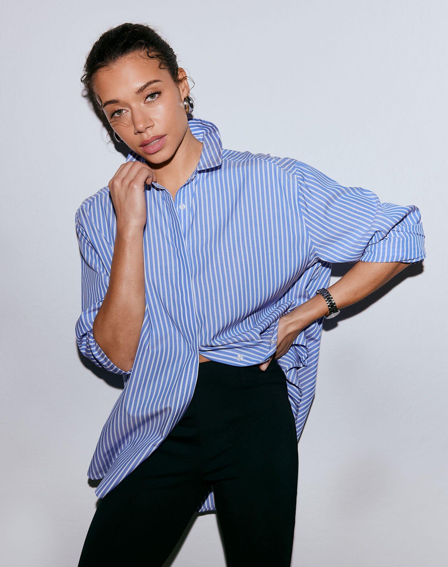 Camisa Mujer Popelina Ajuste Holgado Manga Larga Abotonada Azul a Rayas 2/7