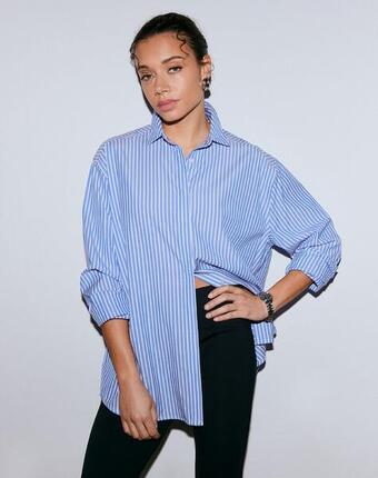 Damen Hemd Popeline Locker Übergroß Langarm Knopfleiste Blau Gestreift