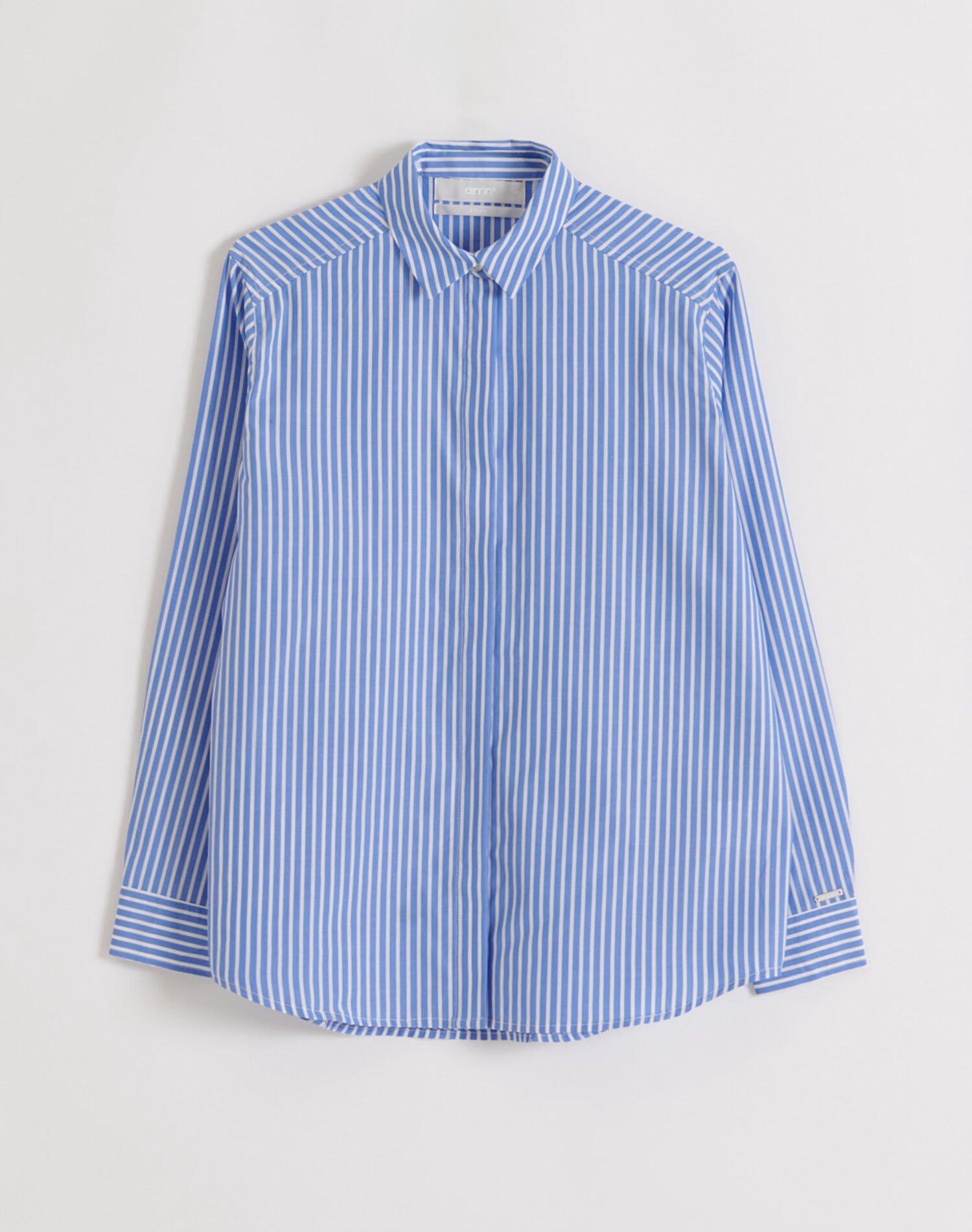 Camisa Mujer Popelina Ajuste Holgado Manga Larga Abotonada Azul a Rayas 7/7