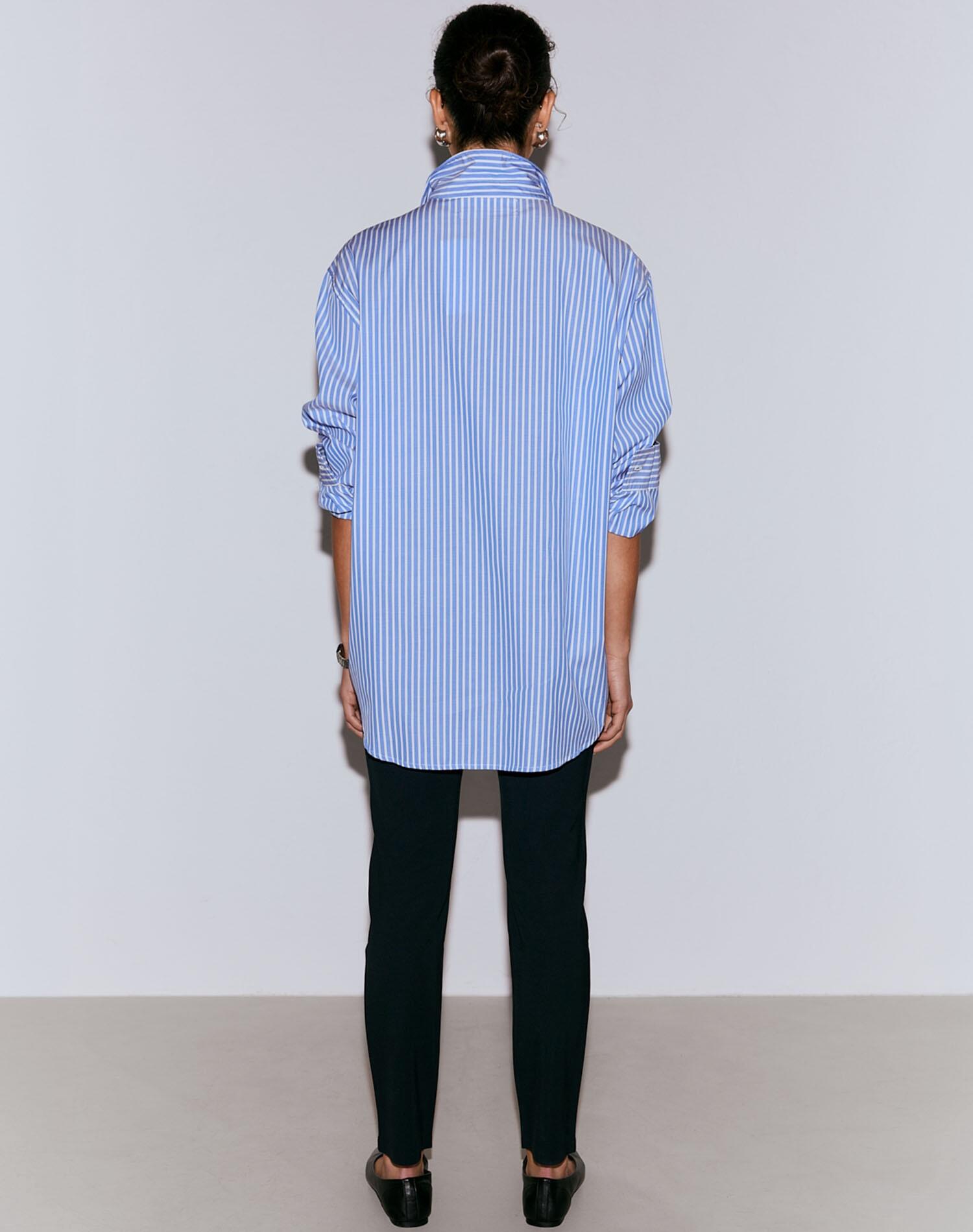 Camisa Mujer Popelina Ajuste Holgado Manga Larga Abotonada Azul a Rayas 4/7