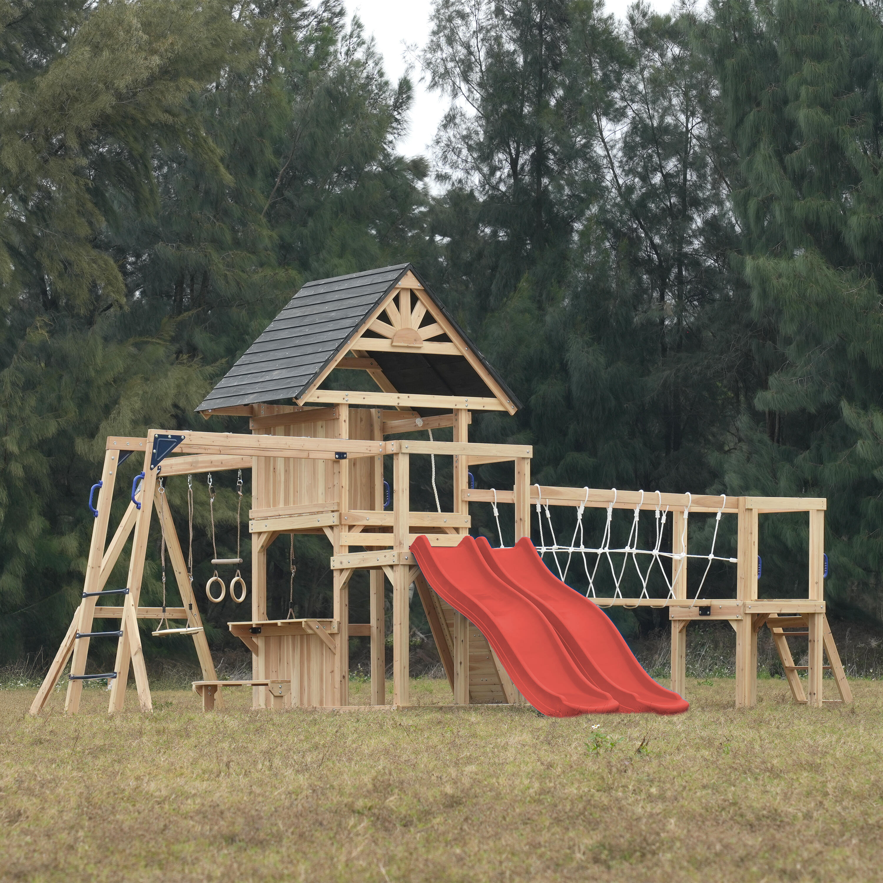Spielturm, AXI Hunter, 2 Schaukeln, Doppelrutsche, Rot 4/7