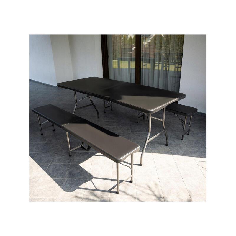 Masa si 2 banci pliabile, plastic si otel, 180x74x74cm/180x30x45cm
