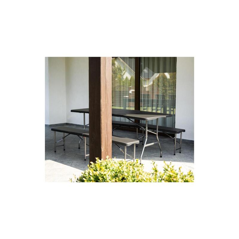 Masa si 2 banci pliabile, plastic si otel, 180x74x74cm/180x30x45cm