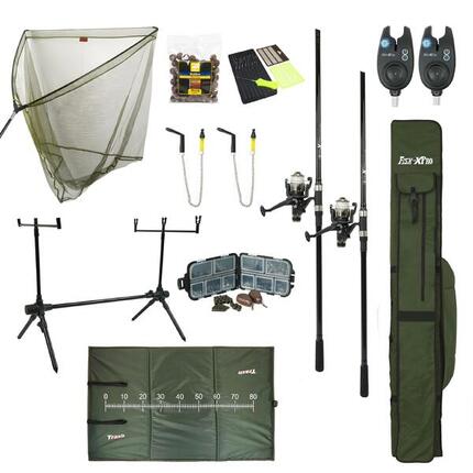 Carp Set 2 cannes – moulinets, rod pod, tapis, épuisette