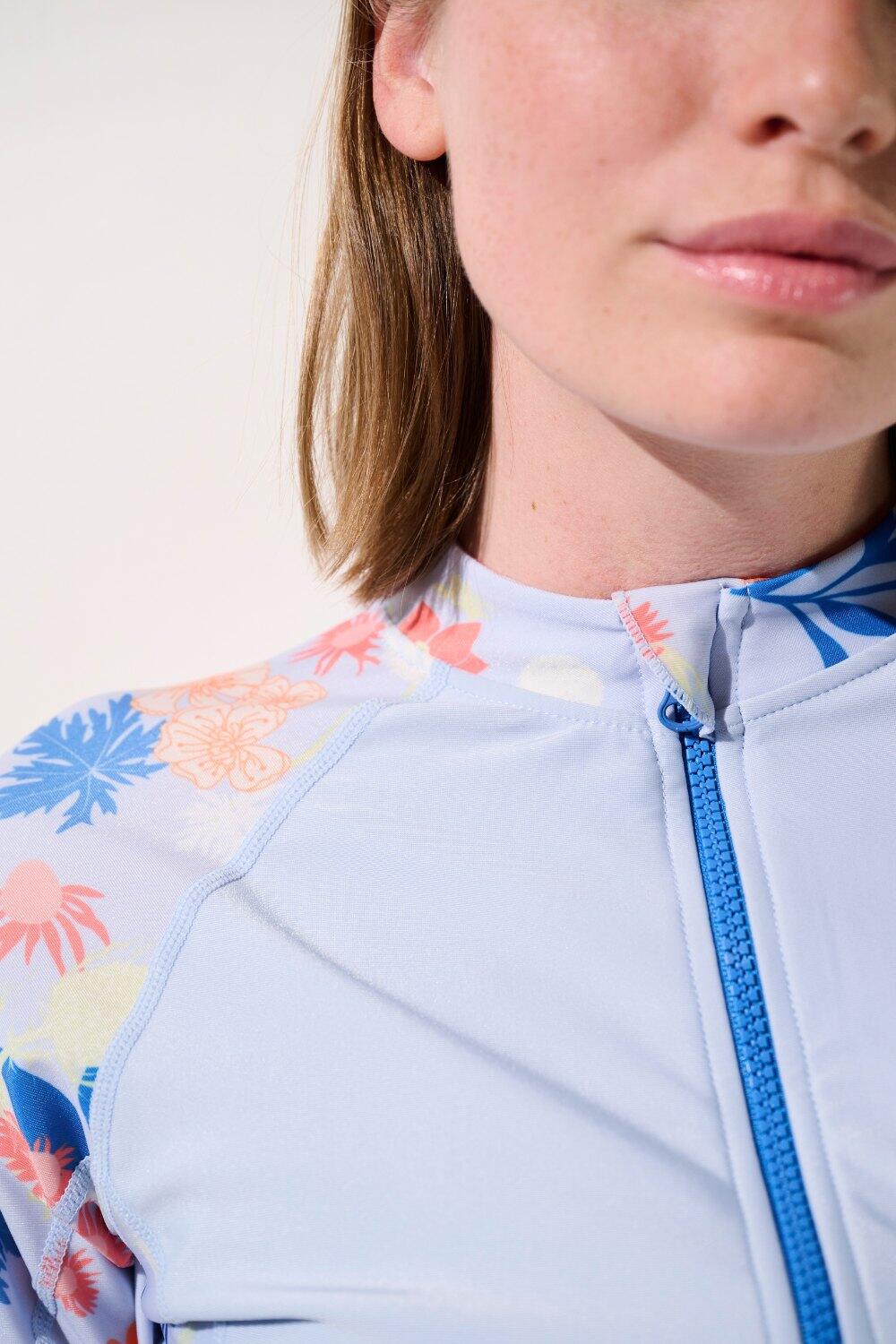 Maillot de bain 1 pièce anti-UV Femme manches longues, Bleu à Fleurs, Pacific 3/6