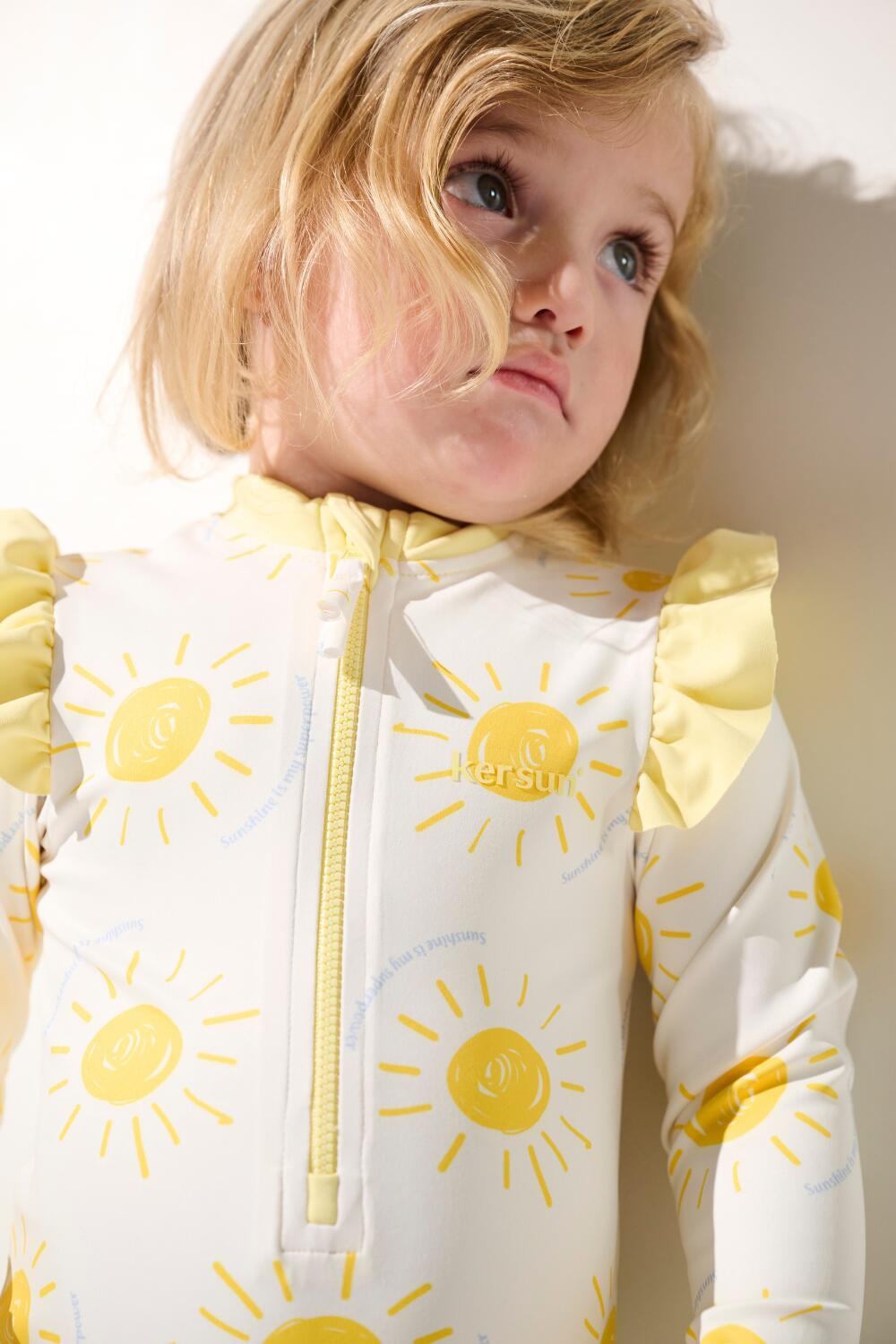Maillot de bain 1 pièce manches longues anti-UV fille (2-4 ans) Jaune, Flores 2/3