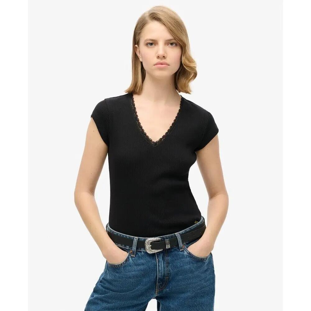 V-Ausschnitt T-Shirt mit Spitzenrand für Frauen Superdry Essential 2/6