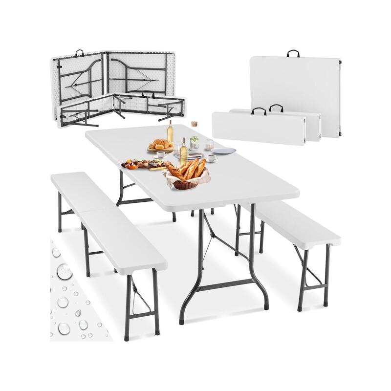 Masa si 2 banci pliabile, plastic si otel, 180x74x74cm/180x30x45cm