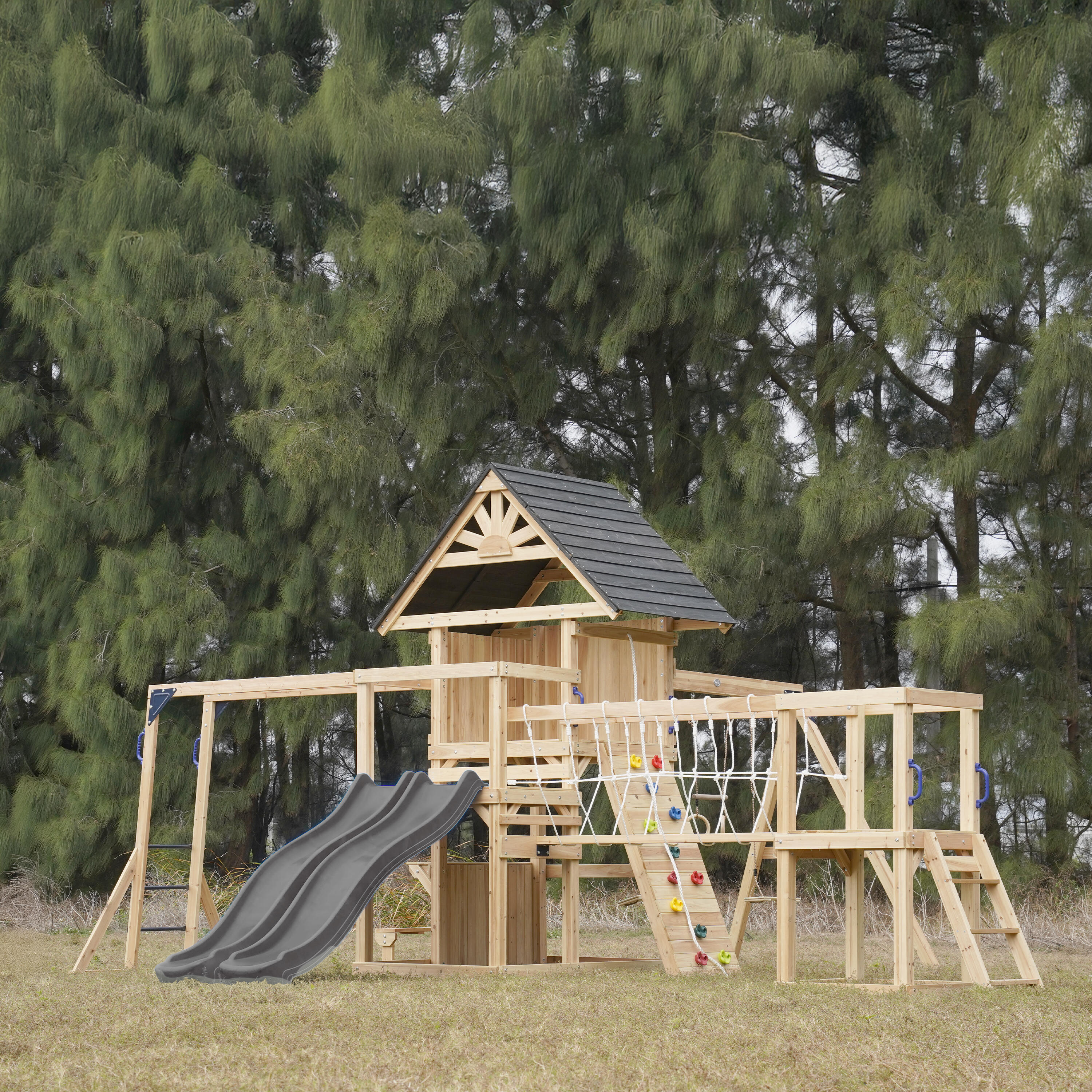 Spielturm, AXI Hunter, 2 Schaukeln, Doppelrutsche, Grau 3/7