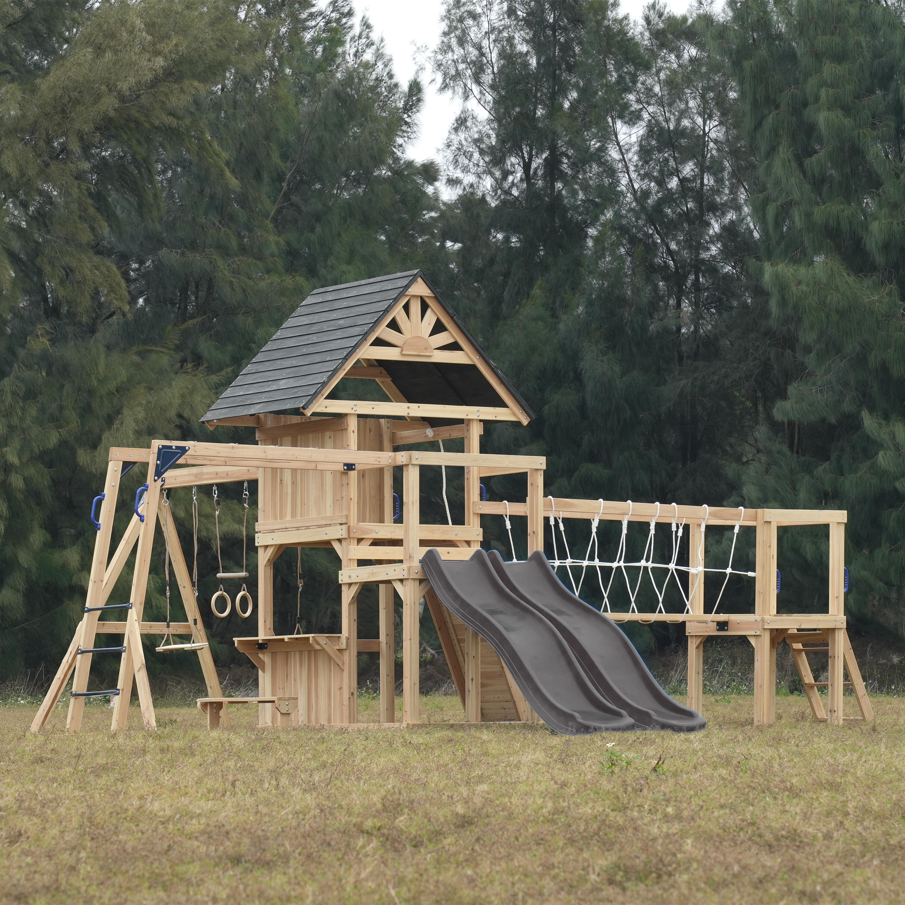 Spielturm, AXI Hunter, 2 Schaukeln, Doppelrutsche, Grau 4/7