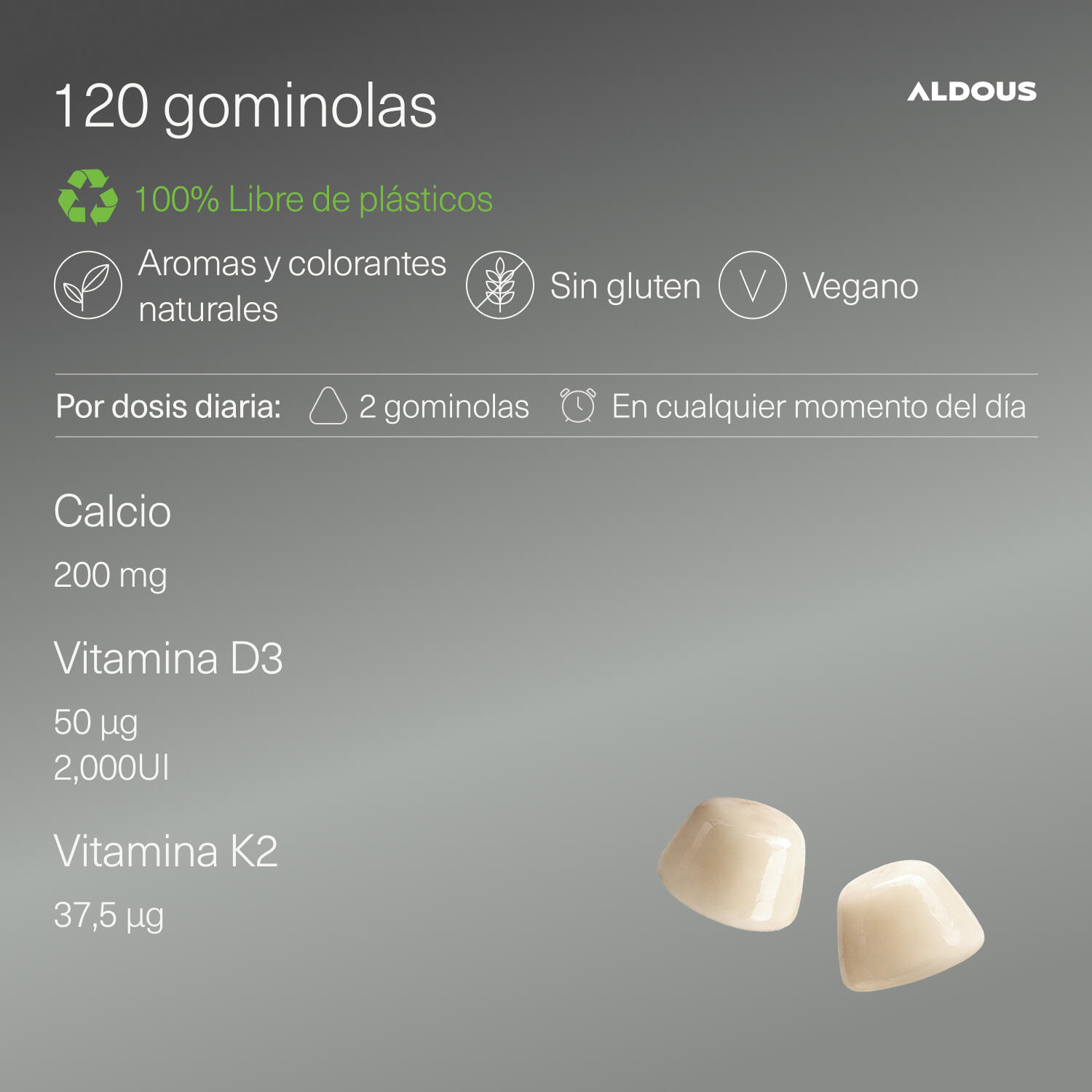 Vitamina D3 K2 + Calcio - 120 caramelle gommose - Ossa, denti, muscoli -  Aldous 3/6
