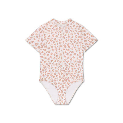 Maillot de bain anti-UV fille à manches courtes - beige - Leopard - 146/152