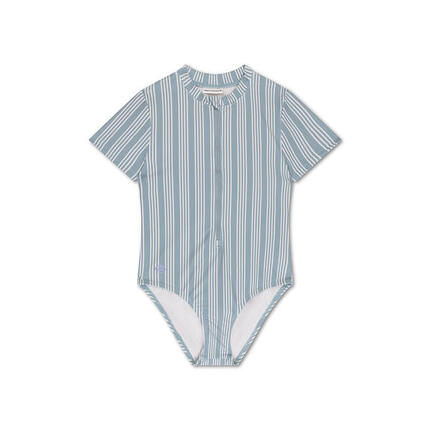 UV Swimsuit Girls With Short Sleeves - Green/White - Resort Stripe - 146/152