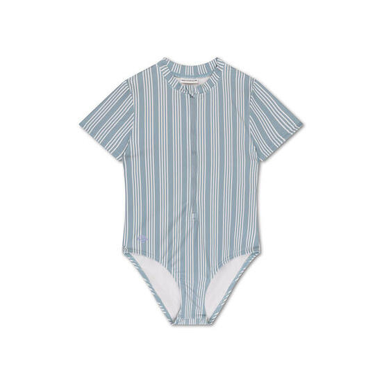 UV Swimsuit Girls With Short Sleeves - Green/White - Resort Stripe - 146/152