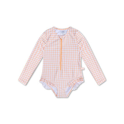 UV Swimsuit Girls With Sleeves - Orange/White - Sunset Grid - 122/128