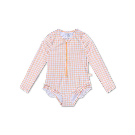 UV Swimsuit Girls With Sleeves - Orange/White - Sunset Grid - 122/128