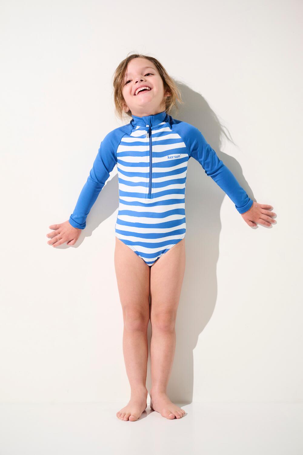 Maillot de bain 1 pièce manches longues anti-UV Fille, Bleu, Flores 5/5