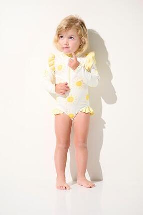 Maillot de bain 1 pièce manches longues anti-UV fille (2-4 ans) Jaune, Flores