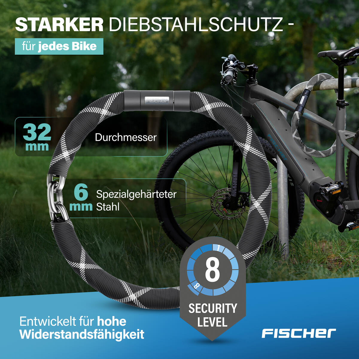 FISCHER Kettenschloss PROTEC SILENCE 100 cm, Spezialstahl mit Reflexstreifen 2/7