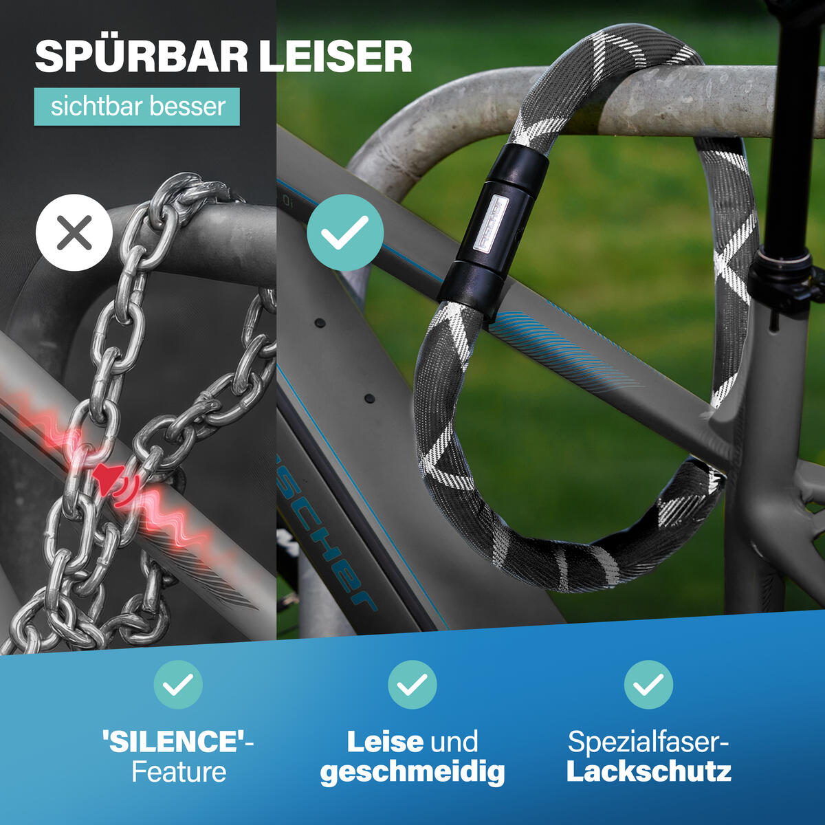 FISCHER Kettenschloss PROTEC SILENCE 100 cm, Spezialstahl mit Reflexstreifen 5/7