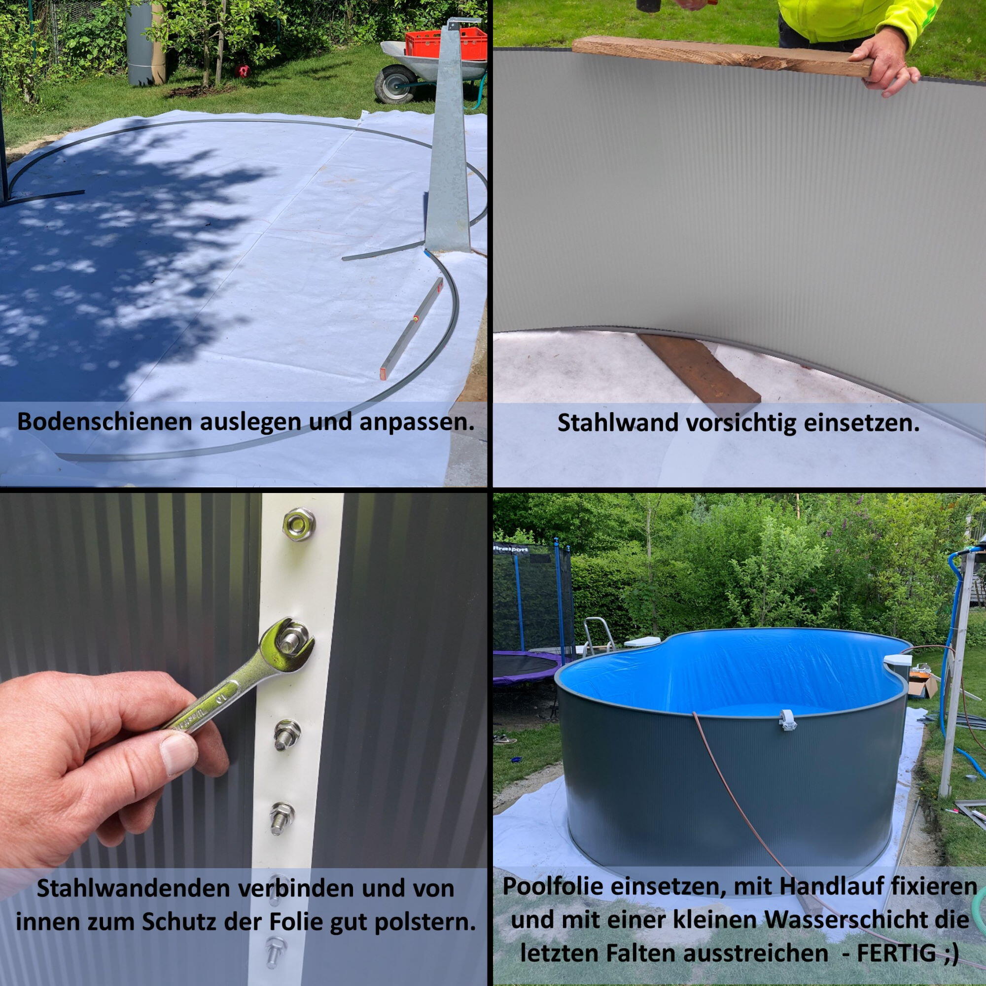 Stahlwandpool Set achtform 540x350x120cm, Stahl 0,4mm weiß, Folie
0,4mm blau 6/7