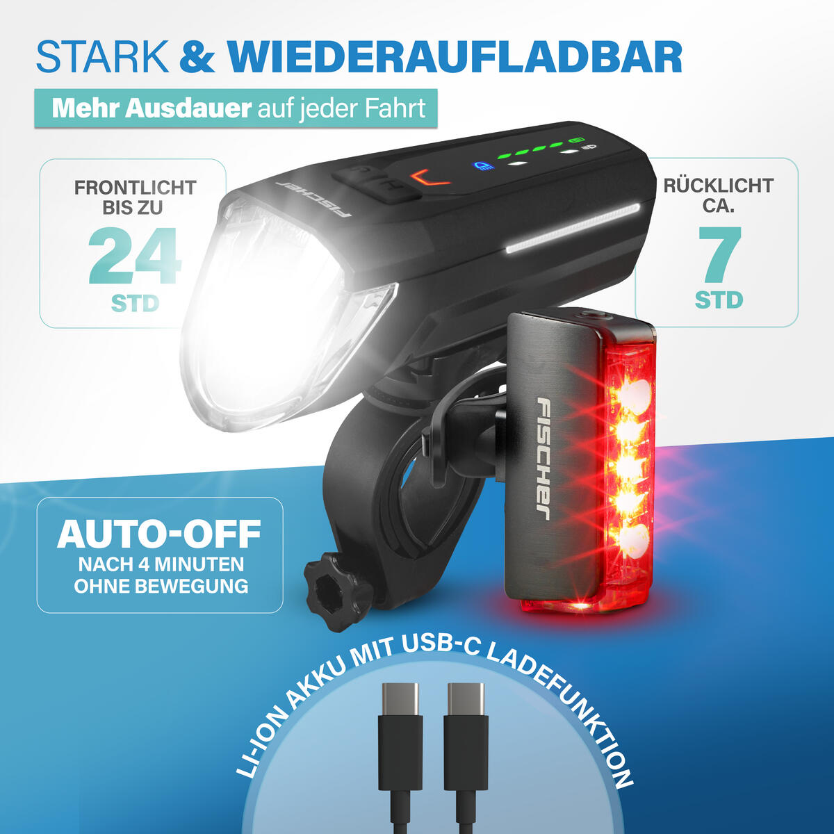 FISCHER LED Akku Beleuchtungsset TWIN STOP 180 LUX mit Fernlicht 7/8